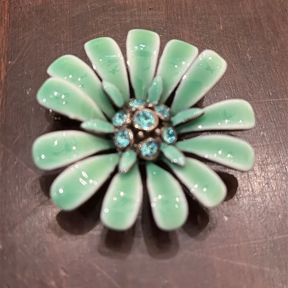 Vintage enamel Rhinestone Green and Blue Floral Brooch